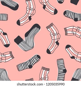 Hand drawn seamless pattern with Wear. Fashion vector background. Actual illustration Socks. Original doodle style drawing Clothes. Creative ink art work