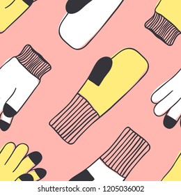 Hand drawn seamless pattern with Wear. Fashion vector background. Actual illustration Gloves. Original doodle style drawing Clothes. Creative ink art work