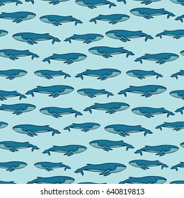 Hand drawn seamless pattern with whale silhouettes. Vector illustration, eps 10