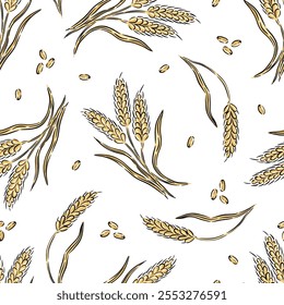 Hand drawn seamless pattern of wheat plants with grains on a white background vector illustration