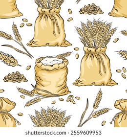 Hand drawn seamless pattern wheat bags, grains and flour in a rustic farm setting