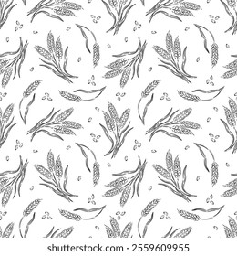 Hand drawn seamless pattern wheat and seeds sketch on white background