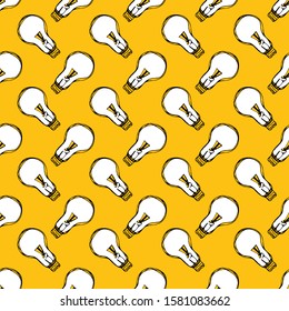 Hand drawn seamless pattern with white light bulbs isolated on orange background. Vector doodle illustration. Cartoon template.Design textile, wrapping paper, fabric, wallpaper, print t shirt,cup, web
