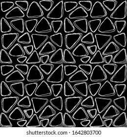 Hand drawn seamless pattern with white triangles on black background. Vector illustration.