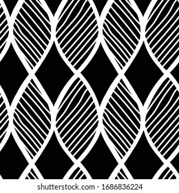 hand drawn seamless pattern. white bold curves and thin diagonal stripes on black. simple design