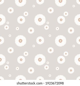 Hand drawn seamless pattern with white flowers on beige background, vector illustration, cartoon, daisy, chamomile. Texture for fabric, wrapping paper