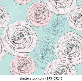 Hand drawn seamless pattern with white roses