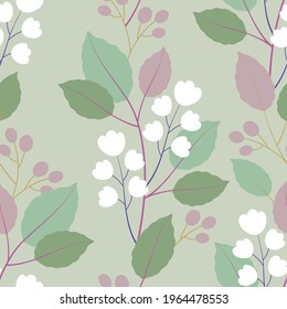 Hand drawn seamless pattern with white flowers and leafs on a light green background. Vector Illustration