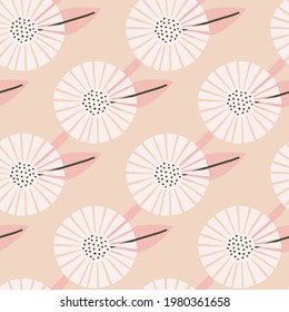 Patrón sin fisuras dibujado a mano con adorno de flores de doodle geométricas blancas. Fondo pastel rosa. Diseño gráfico para envolver texturas de papel y tela. Ilustración vectorial.