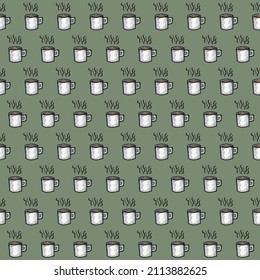 hand drawn seamless pattern of white cup coffee or tea green background vector