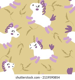 Hand drawn seamless pattern with white unicorns and leaves. Perfect for T-shirt, textile and print. Doodle vector illustration for decor and design.



