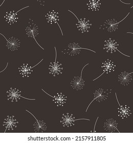 Hand drawn seamless pattern of white dandelion, dandelion with flying seeds in cute doodle style. Vector illustratin for fabric, textile, card design, paper or baby clothings.
