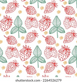 Hand drawn seamless pattern with white line strawberry fruits isolated on white background. Colorful vector illustration.