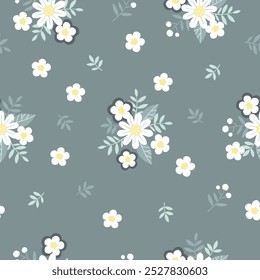 Hand drawn seamless pattern with white chamomile flowers in gray swamp shades. Lovely romantic Ditsy Fashion Print for background, holiday design, wallpaper, fabric