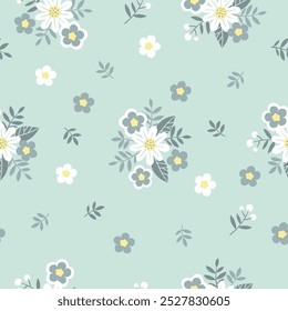Hand drawn seamless pattern with white chamomile flowers in gray swamp shades. Lovely romantic Ditsy Fashion Print for background, holiday design, wallpaper, fabric