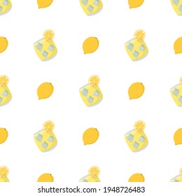 Hand drawn seamless pattern with whole lemon and lemonade.