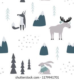 Hand drawn seamless pattern with wild animals. New Year scandinavian print. Good for fabric, textile. Christmas vector wallpaper.