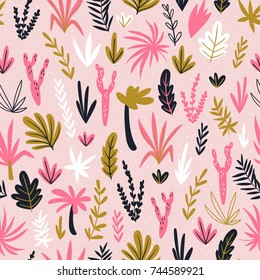 Hand drawn seamless pattern with wild tropical rainforest. Tropic vector repeating background. Simple design.