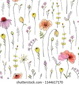 Hand drawn seamless pattern with wildflowers and poppies, colorful illustration in vintage watercolor style. Decorative vector print for your template.