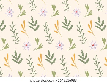 Hand Drawn Seamless Pattern with Wildflowers and Green Leaves. Yellow Petals and Purple Daisies on Light Background. Nature Botanical Motif. Vector Illustration.