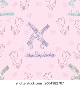 Hand drawn seamless pattern with windmill, flowers and hearts. Vector illustration.