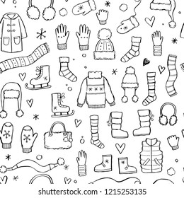 Hand drawn seamless pattern of winter clothes and accessory: hat, scarf, coat, mitten, shoes, sweater. Sketch style doodle for children, christmas wallpaper, background. Isolated vector illustration.