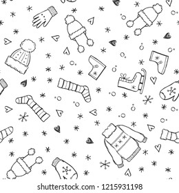 Hand drawn seamless pattern of winter clothes and accessory: hat, scarf, coat, mitten, shoes, sweater. Sketch style doodle for children, christmas wallpaper, background. Isolated vector illustration.