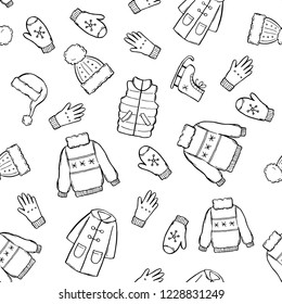 Hand drawn seamless pattern of winter clothes and accessory: hat, scarf, coat, mitten, shoes, sweater. Sketch style doodle for children, christmas wallpaper, background. Isolated vector illustration.