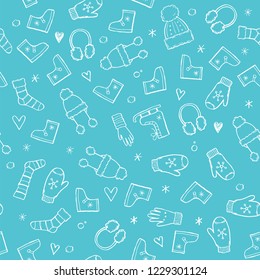 Hand drawn seamless pattern of winter clothes and accessory: hat, scarf, coat, mitten, shoes, sweater. Sketch style doodle for children, christmas wallpaper, background. Isolated vector illustration.