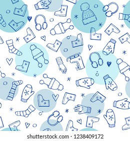 Hand drawn seamless pattern of winter clothes and accessory: hat, scarf, coat, mitten, shoes, sweater. Sketch style doodle for children, christmas wallpaper, background. Isolated vector illustration.