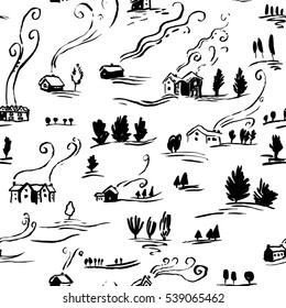 Hand drawn seamless pattern winter landscape with houses in doodle incomplete style. Artistic black and white illustration of country side. Design element for Christmas wrapping paper, card and poster