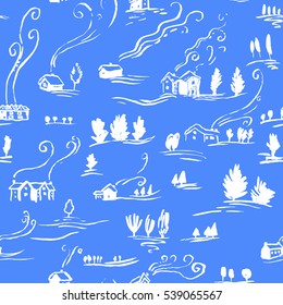 Hand drawn seamless pattern winter landscape with houses in doodle incomplete style. Artistic blue and white illustration of country side. Design element for Christmas wrapping paper, cards and poster