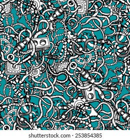 Hand Drawn Seamless Pattern With Wire, Tubes, Gears And Other Mechanical Elements. Background For Web, Wrapping And Textile. Steam Punk Style.