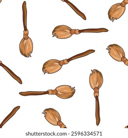 Hand drawn seamless pattern with witch brooms in rustic brown tones

