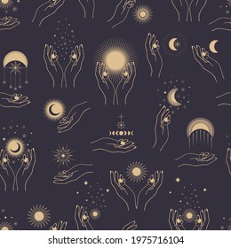 Hand drawn seamless pattern of woman`s hands with mystical Sun, Moon, stars in line art. Magic talisman, antique style, boho. Abstract illustration for greeting card, wallpaper, wrapping paper, fabric