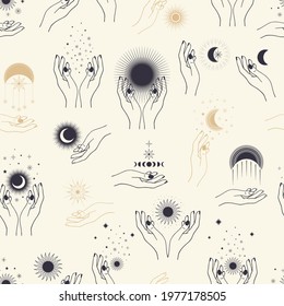 Hand drawn seamless pattern of woman`s hands with mystical Sun, Moon, stars in line art. Magic talisman, antique style, boho. Abstract illustration for greeting card, wallpaper, wrapping paper, fabric