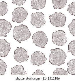 Hand drawn seamless pattern of wood cuts. Circle tree background. Tree rings. Vector illustration