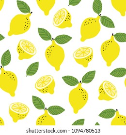Hand drawn seamless pattern with yellow lemon fruit and leaves. Summer retro  fabric design, cartoon illustration, vector background.