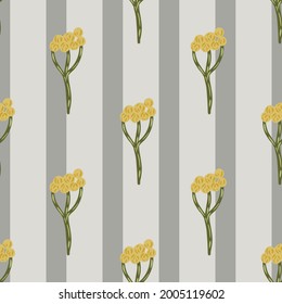 Hand drawn seamless pattern with yellow yarrow ornament. Grey striped background. Botanic shapes. Graphic design for wrapping paper and fabric textures. Vector Illustration.