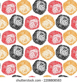 Hand drawn seamless pattern with yellow, black and red sushi drawings