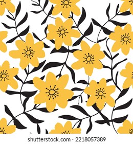 hand drawn seamless pattern with yellow flowers and black leaves. Wallpaper textile background social media advertising