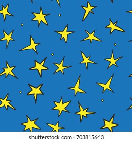 Hand drawn seamless pattern with yellow stars on blue background