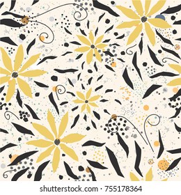 Hand Drawn Seamless Pattern with Yellow Flowers. Great for wedding cards, postcards, t-shirts, bridal invitations,, dresses, posters, gift wrapping, wall art, wallpapers, etc.Vector Illustration.
