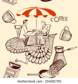 Hand drawn seamless pattern with young couple and coffee