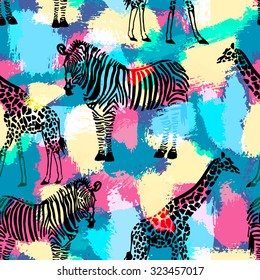 Hand drawn seamless pattern with zebra and giraffe. Use it for fabric print, or different endless textures.
