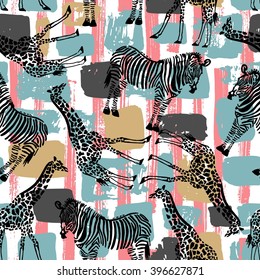 Hand drawn seamless pattern with zebra and giraffe on geometrical background. Use it for fabric print, or different endless textures.