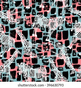 Hand drawn seamless pattern with zebra and giraffe on geometrical background. Use it for fabric print, or different endless textures.