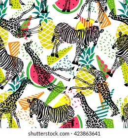 Hand Drawn Seamless Pattern With Zebra, Giraffe, Watermelon, Pineapple On Geometrical Background.