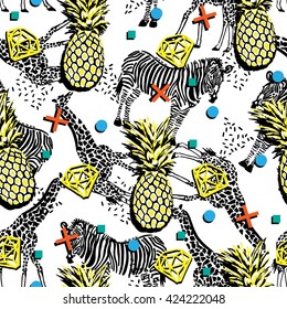 Hand Drawn Seamless Pattern With Zebra, Giraffe, Pineapple On Geometrical Background.