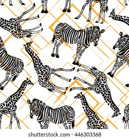 Hand drawn seamless pattern with zebra, giraffe on geometrical background.